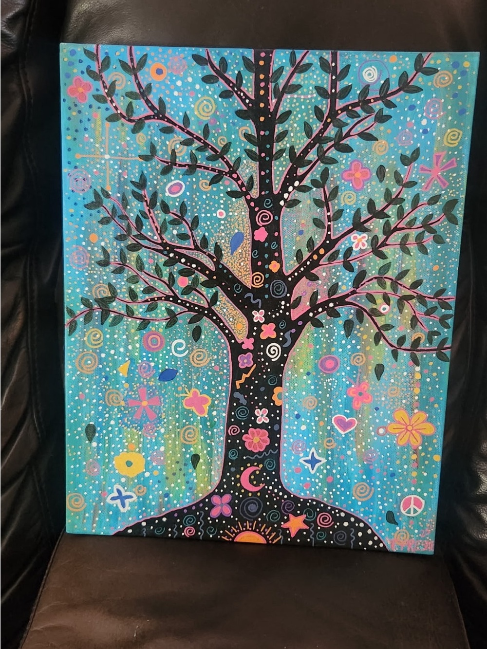 Whimsical Tree Canvas Wall Art in Teal, Black & Pink